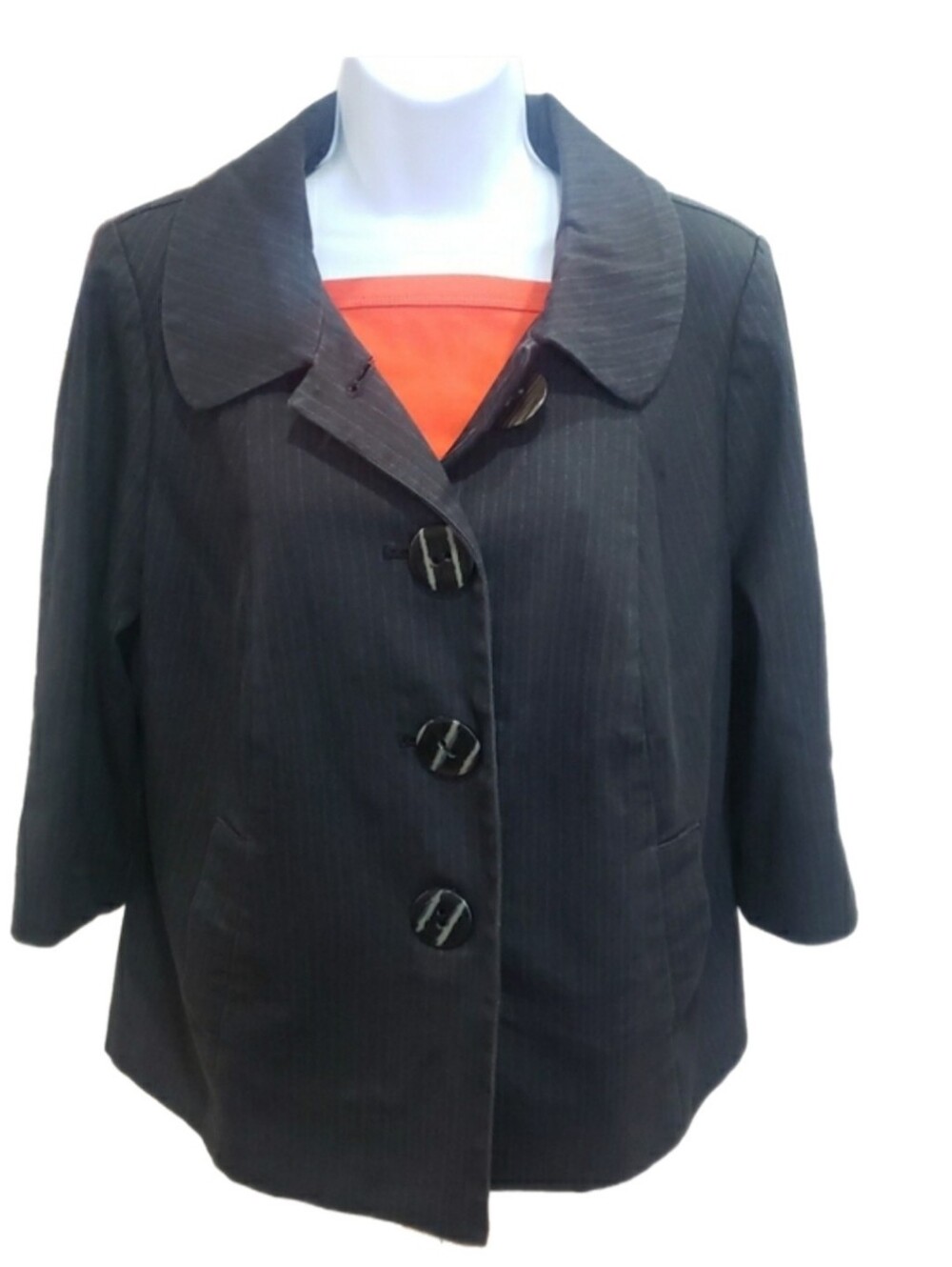 Lane Bryant Black Pinstripe Three-Quarter Blazer with Bold Buttons, Size 14
